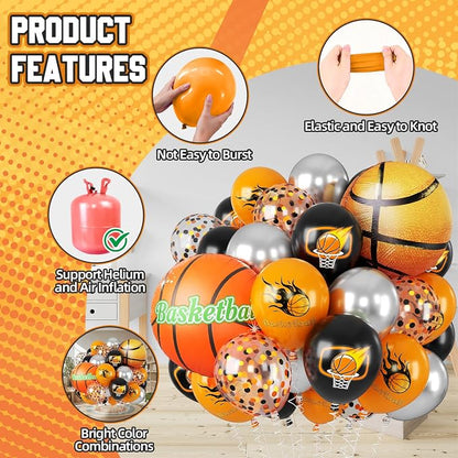 Basketball Balloons Orange Black, 18 Inch Basketball Foil Balloons, 12 Inch - Image 3