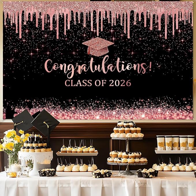 Mocsicka Rose and Gold Graduation Backdrop Congratulations Class of 2024 - Image 2