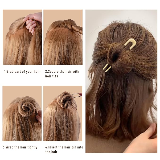 6Pcs Metal French Hair Pins for Women U Shape Sticks 3.9 Inch Vintage Fork for Hairstyle Accessories(Gold)