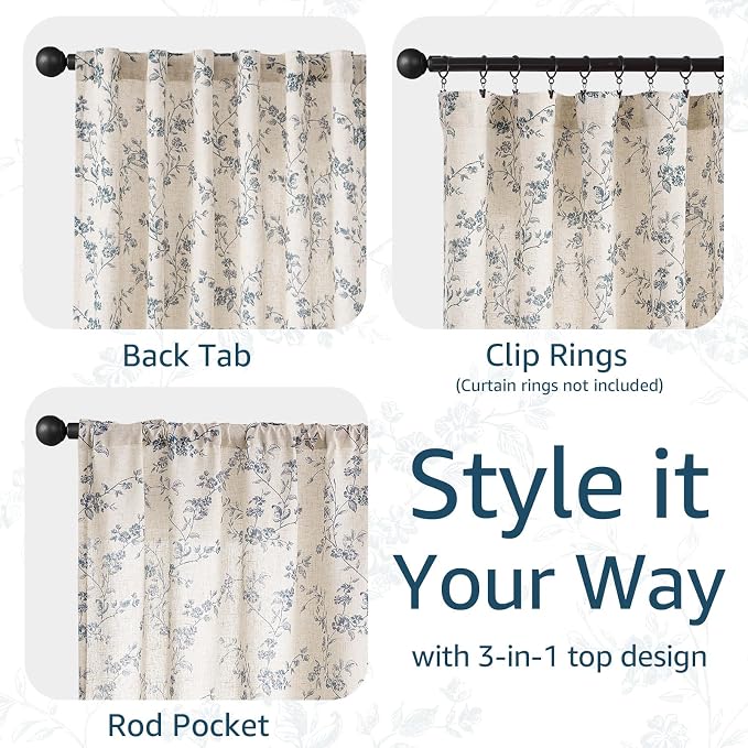 jinchan Blue Floral Linen Curtains 84 Inch Country Drapes Back Tab 2 Panels | - Image 6