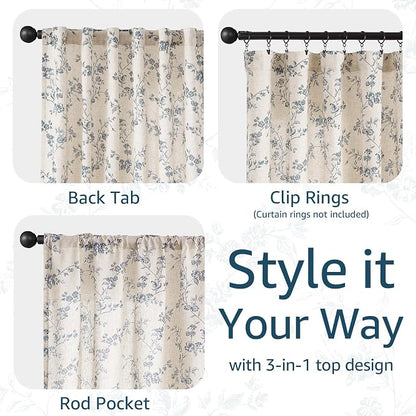 jinchan Blue Floral Linen Curtains 84 Inch Country Drapes Back Tab 2 Panels | - Image 6