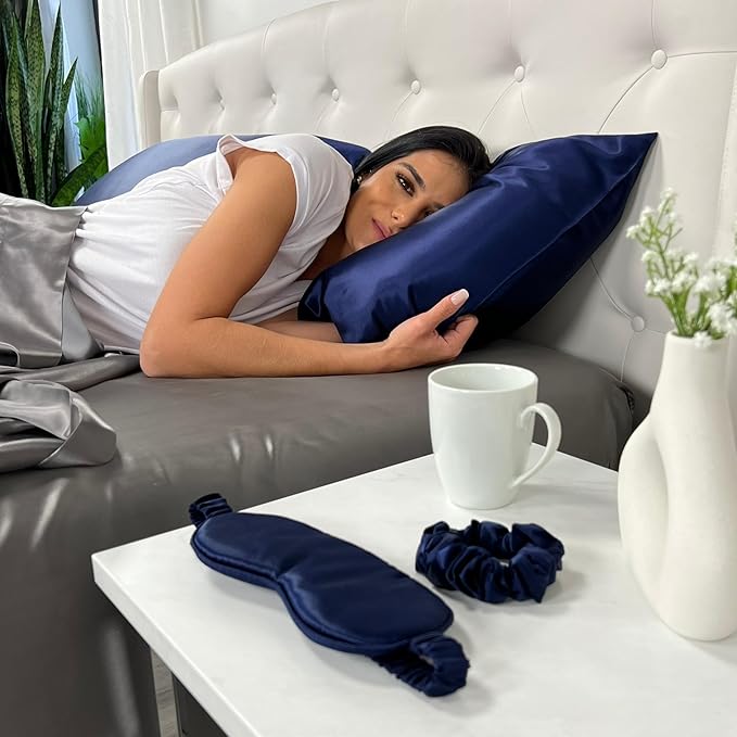 Mulberry Park 30 Momme 100% Pure Mulberry Silk Pillowcase - Luxury Charmeuse Weave for Hair and Skin, Cooling Silk Pillow Cover for Beauty Sleep - Standard Size 20"x26" / Navy