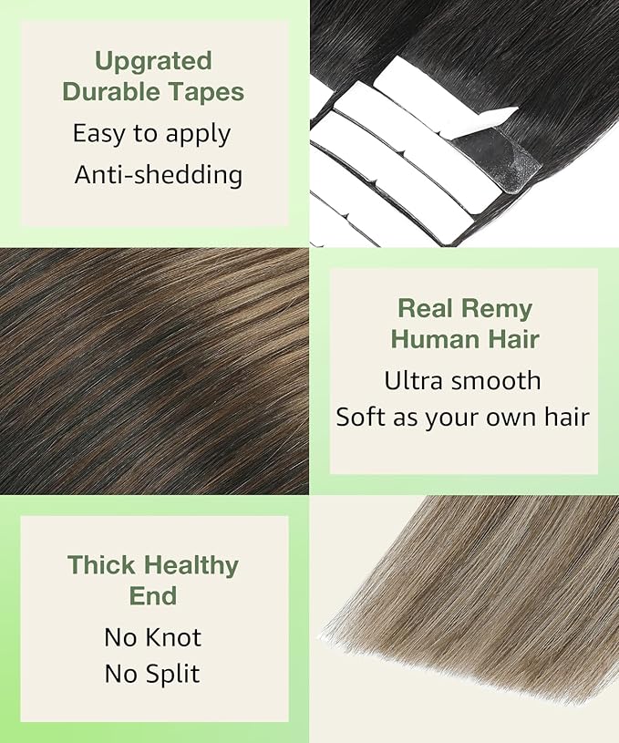 SURNEL Tape in Hair Extensions Human Hair 18inch Natural Black to Chocolate Brown and Caramel Blonde Tape in Hair Extensions 20pcs 50g(#1B/4/27-18)