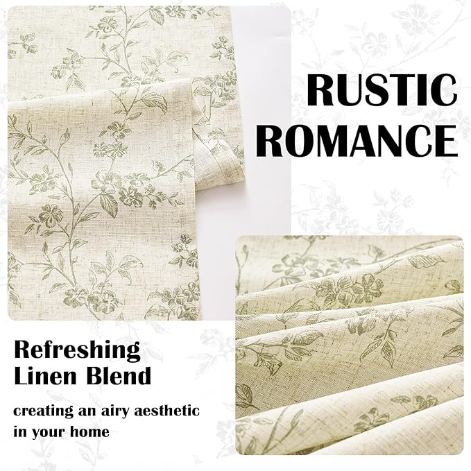Green Vintage Floral Linen Curtains Farmhouse 50W X 96L 2 Panels | Elisa Series - Image 4