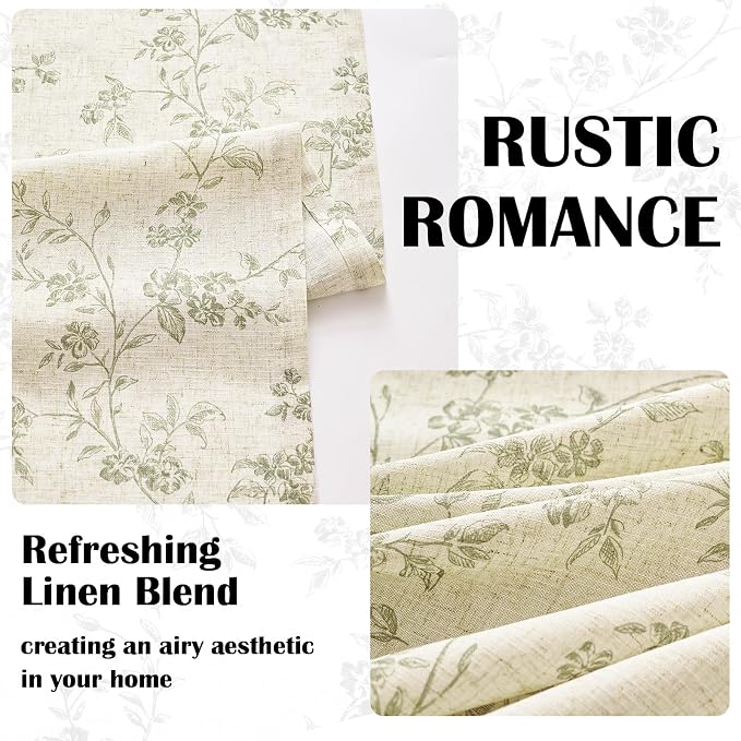 Green Vintage Floral Linen Curtains Farmhouse 38W X 63L 2 Panels | Elisa Series - Image 5