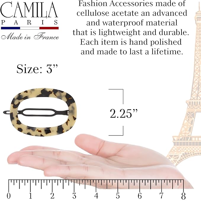 Camila Paris CP2802 French Hair Barrette Clip for Women, Handmade, Flow, Slide-in Metal-Free Closure, Strong Hold Grip Hair Clips for Girls, No Slip Durable Styling Hair Accessories, Made in France