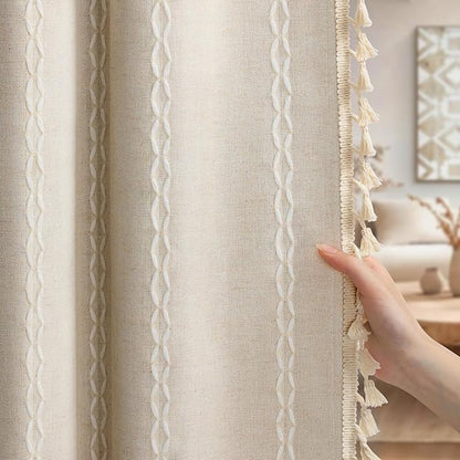 Boho 100% Blackout Curtains 84 Inch 2 Panels Linen Blend Beige | Vintage by Unknown