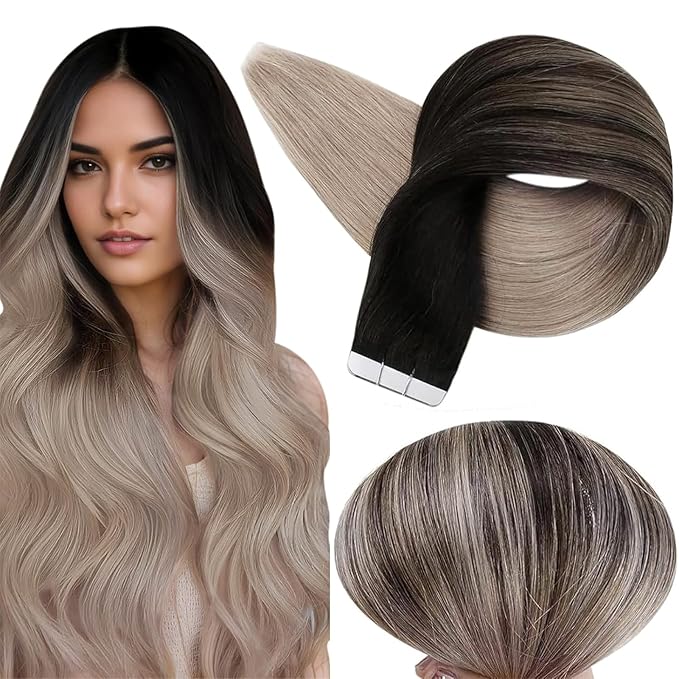 Full Shine Hair Extensions Black Ombre Ash Blonde 16 Inch Double Sided Tape in Hair Extensions for Women Invisible Human Hair Extensions 50 Gram 20 Pcs Seamless Remy Extensions Skin Weft for Wedding