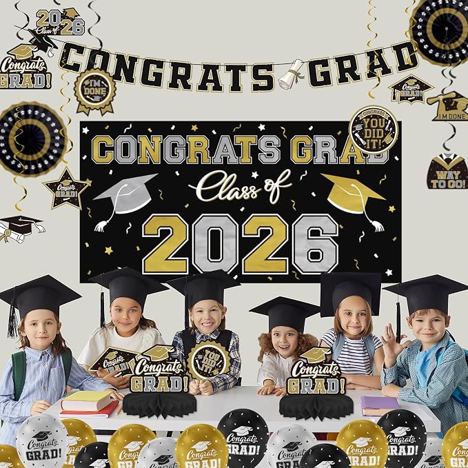 Black and Gold Themed 2026 Graduation Decorations Set - Image 5