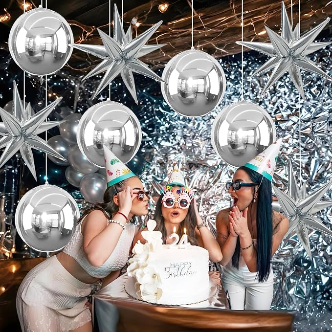 9 Pcs Silver Round Foil Balloons and Star Balloons 22/18 4D Ball Balloon - Image 7