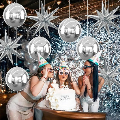 9 Pcs Silver Round Foil Balloons and Star Balloons 22/18 4D Ball Balloon - Image 7