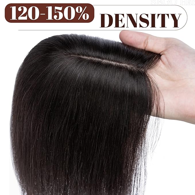 SEGO Real Human Hair Topper for Women, No Bangs Hair Topper with Anti-Slip Clips (16 Inches 1B Natural black)