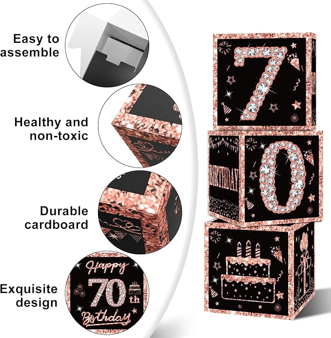 Eiurteao 3pcs Rose Gold 70th Birthday Decorations Boxes - Image 5