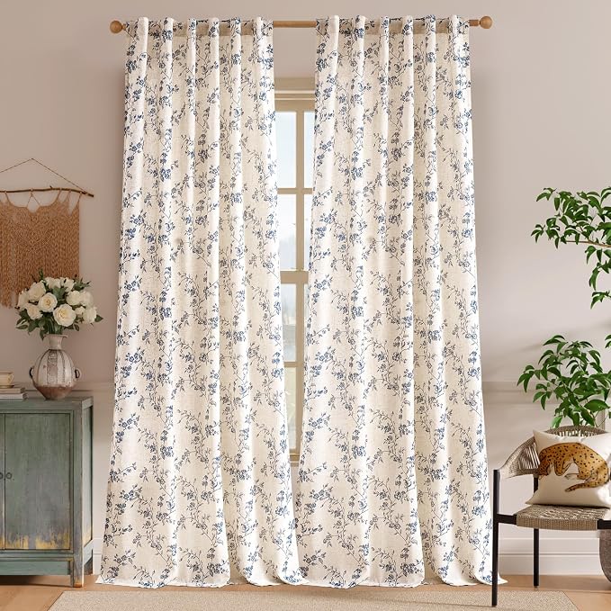 Extra Long Blue Vintage Floral Linen Curtains Farmhouse 2 Panels | Elisa Series - Image 2