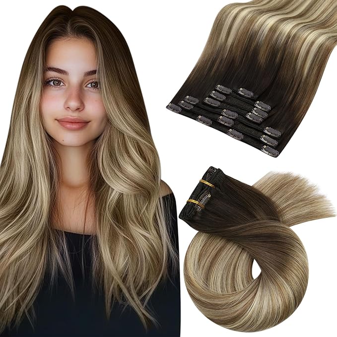 Moresoo Real Hair Extensions Clip in Human Hair Dark Brown to Light Brown Balayage Clip Extensions Medium Blonde Hair Extensions Real Human Hair Clip ins Straight Hair 7 Pcs 120G 20 Inch