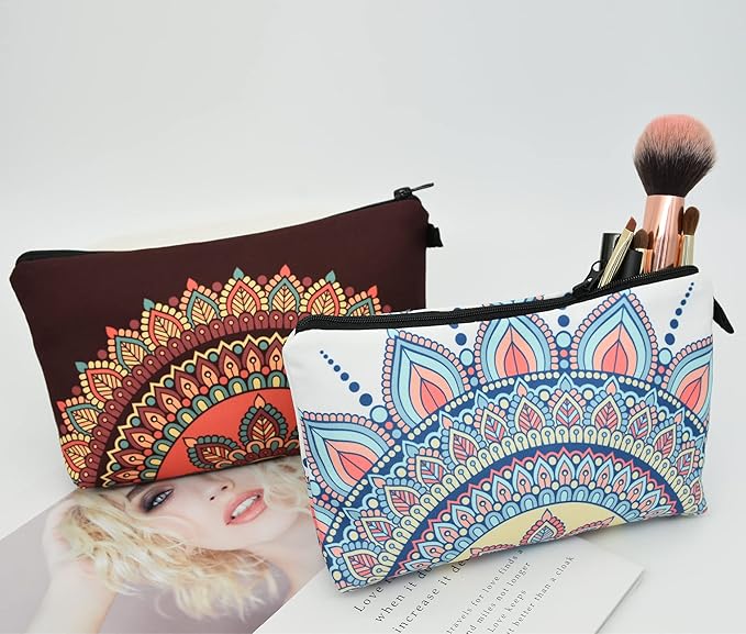 2 Pcs Cosmetic Bag for Women Small Make Up Bag Waterproof Travel Toiletries Pouch with Zipper for Organizing Small Items, Gift Bags for Birthday Christmas(Mandala)
