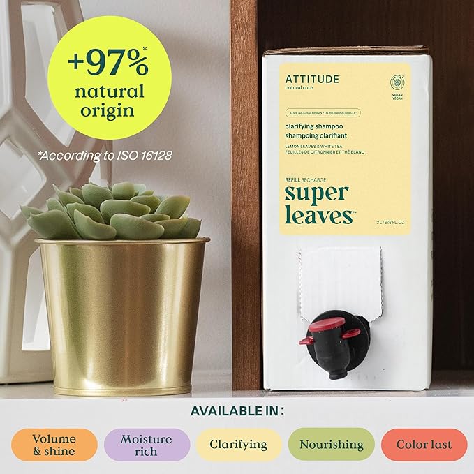 ATTITUDE Clarifying Hair Shampoo, Plant- and Mineral-Based, EWG Verified Vegan and Cruelty-free, Lemon Leaves and White Tea, Bulk Refill, 67.6 Fl Oz