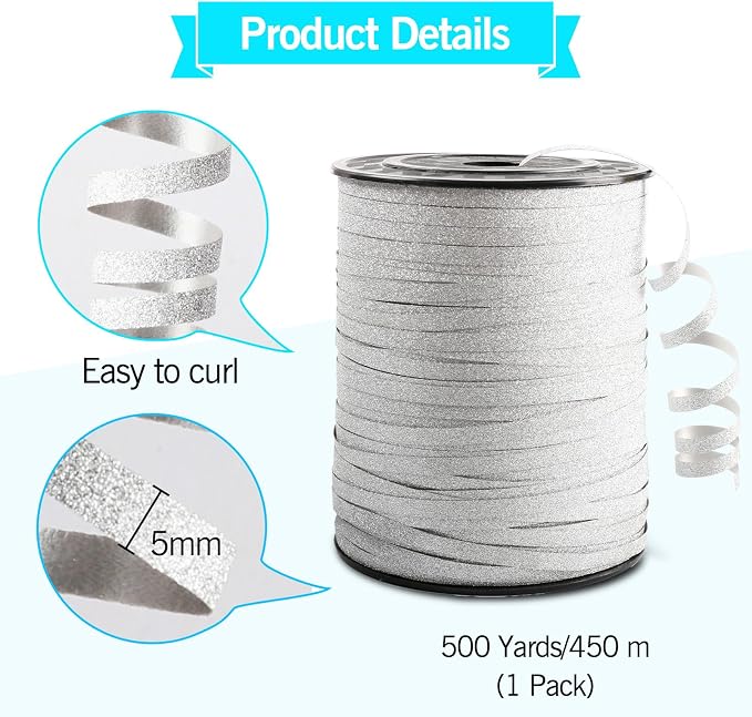 Glitter Silver Ribbon Curling, 500 Yard Balloon String Ribbon - Image 4