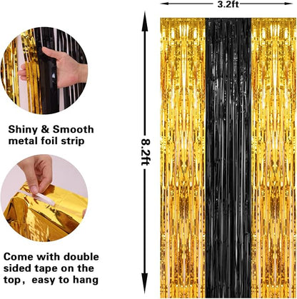 PIGETALE, 2 Pack 3.2x8.2 Feet Black and Gold Tinsel Backdrop Party Decorations - Image 3