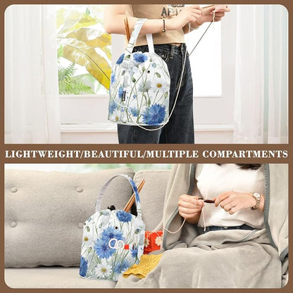 White Blue Cornflowers Daisy Flower Watercolor Yarn Bag Small Crochet Bag - Image 5