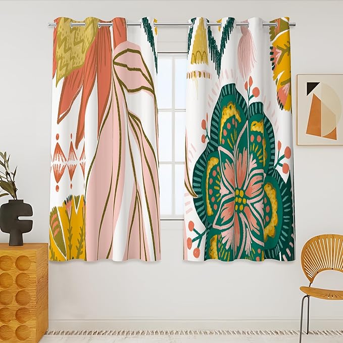 Tyrot Boho Floral 100% Blackout Curtains 45 Inch Long 2 Panels Mid Century by TyrotHomeDecor