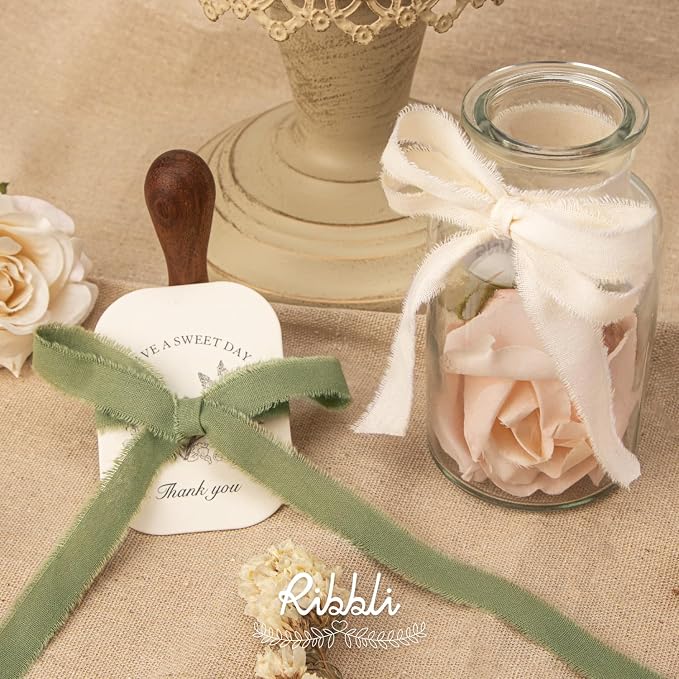 Ribbli 3 Rolls Green Ribbon 5/8 Inch x 18Yards Ivory Sage Moss Handmade Cotton - Image 3