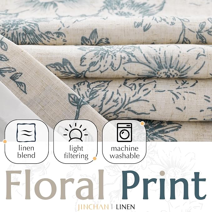 jinchan Floral Linen Curtains Lined 108 Inch Farmhouse Back Tab 2 Panels | - Image 2