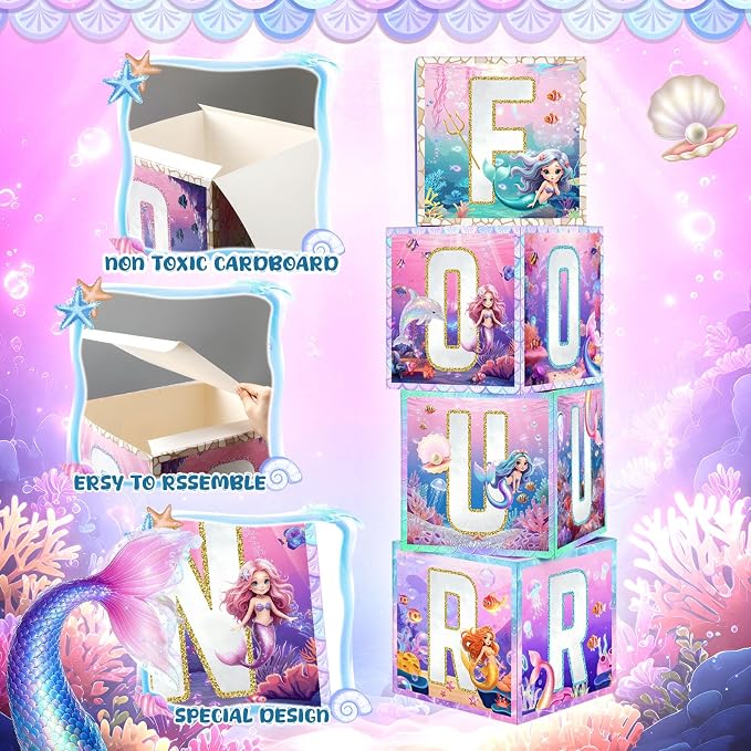 4 Pcs 4th Mermaid Birthday Decorations Four Birthday Balloon Boxes Mermaid - Image 3