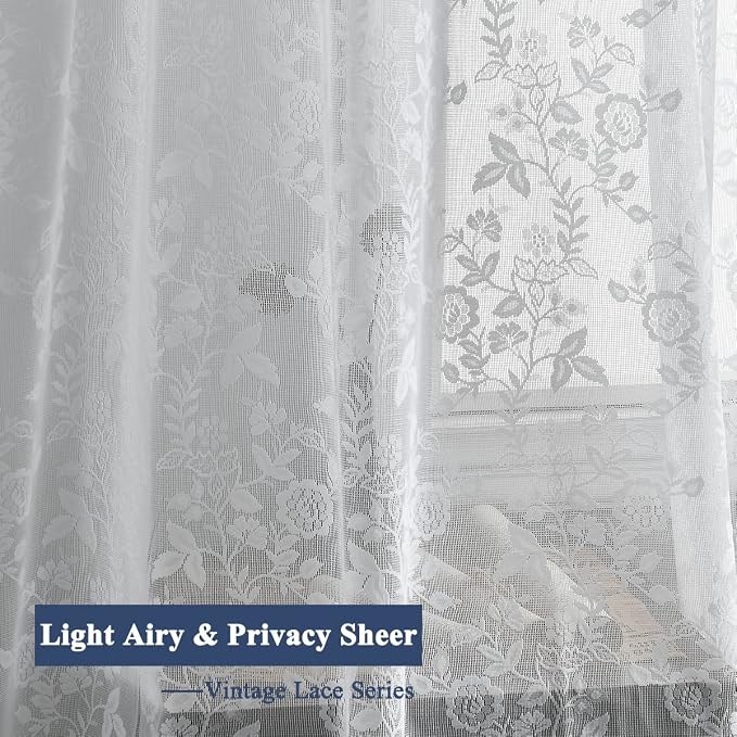 FINECITY White Sheer Lace Curtains Rustic Leaf Floral W52xL45 Inch 2 Panels | - Image 4