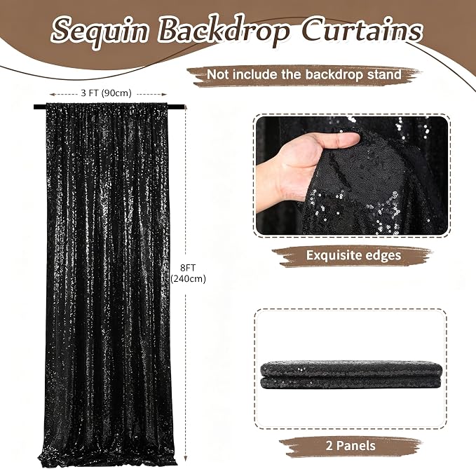 Black Sequin Backdrop Curtains-2 Panels 3FTx8FT Black Backdrop - Image 3