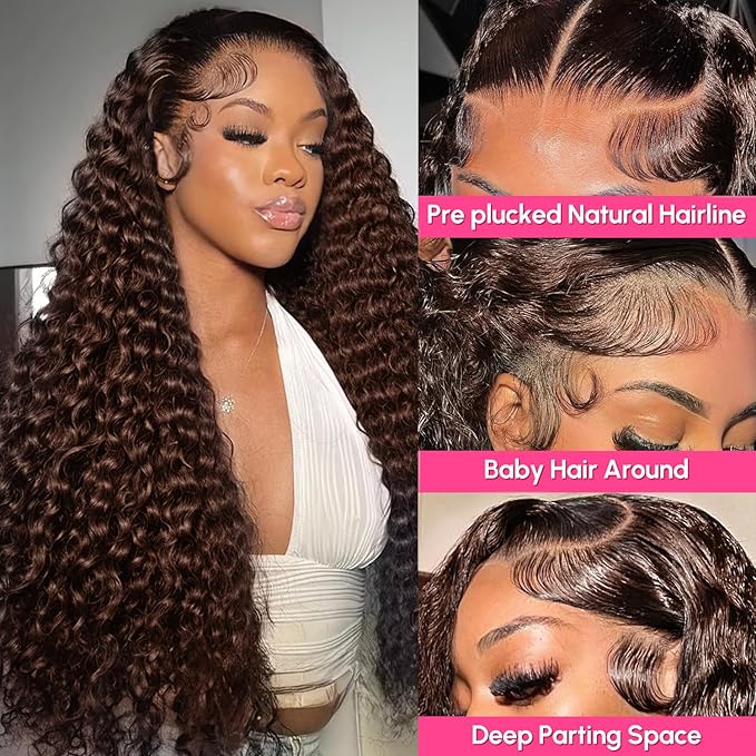 13x6 Deep Wave Lace Front Wigs Human Hair Chocolate Brown 210 Density HD Lace Front Wigs Human Hair Curly Wig Pre Plucked Human Hair Glueless Frontal Wigs with Baby Hair 32Inch