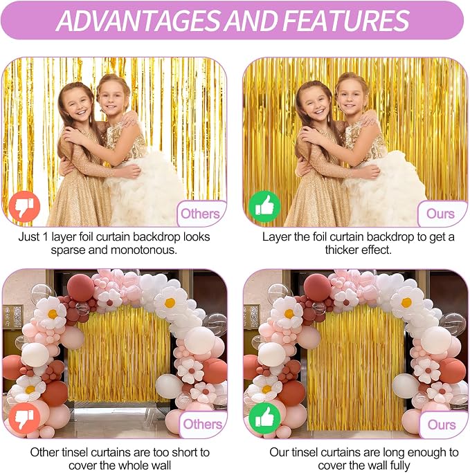 Crosize 4 Pack 3.3 x 9.9 ft Gold Foil Fringe Curtains Party Decorations - Image 4