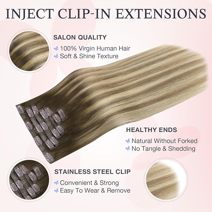 DOORES Invisi Edge Clip in Hair Extensions 20 inch 120g 7pcs, Virgin Real Human Hair PU Clip in Extension Invisible Seamless Thickening Hairstyle, 3/8/613 Walnut Brown to Ash Brown and Bleach Blonde