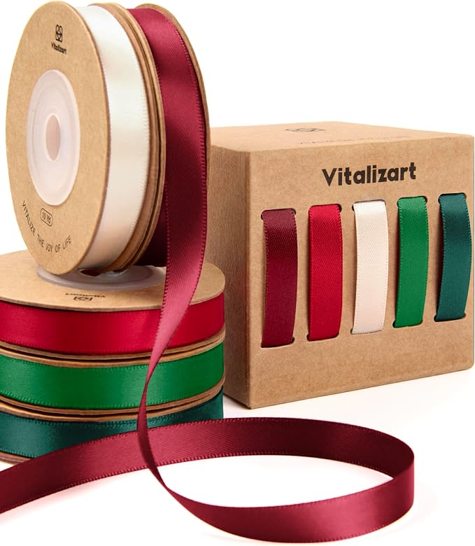 Vitalizart Green & Red Ribbons for Crafts 3/8" x 50Yds Double-Faced Satin Ribbon by Vitalizart