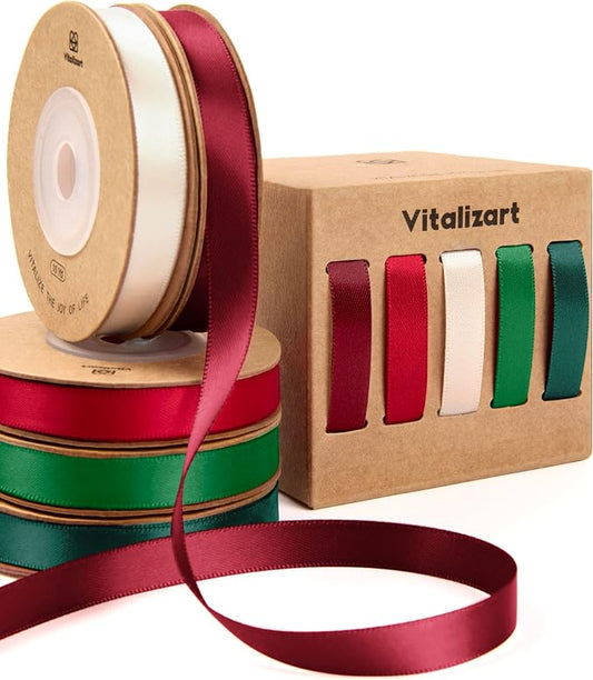 Vitalizart Green & Red Ribbons for Crafts 3/8" x 50Yds Double-Faced Satin Ribbon by Vitalizart