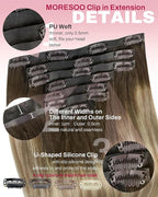 Moresoo Seamless Clip in Hair Extensions Human Hair Balayage Remy Straight PU Weft Human Hair Clip in Extensions Full Head Ombre Brown to Light Brown with Golden Blonde 7pcs/120g 20inch