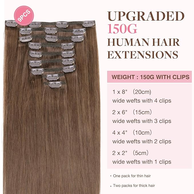 GOO GOO Clip in Hair Extensions Real Human Hair, Remy Human Hair Extensions Clip ins for Women, Natural Human Hair, 24inch 150g 9Pcs, #5 Light Ash Brown