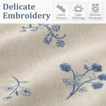 Blue Floral Embroidered Light Filtering Curtains 84 Inch 2 Panels | Linen Blend - Image 4