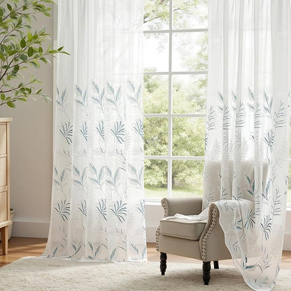 White Sheer Curtains Blue Embroidered Leaf 2 Panels 84 Inches | Light Filtering - Image 3