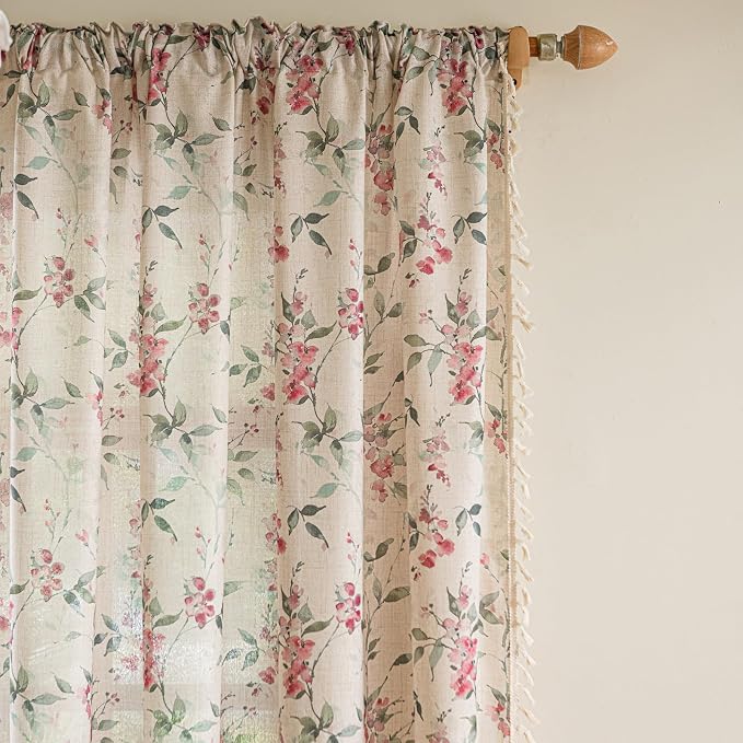 ENJOYBRIDAL Floral Curtains 84 Inches Bedroom Semi Sheer Drapes Cottage Living - Image 2