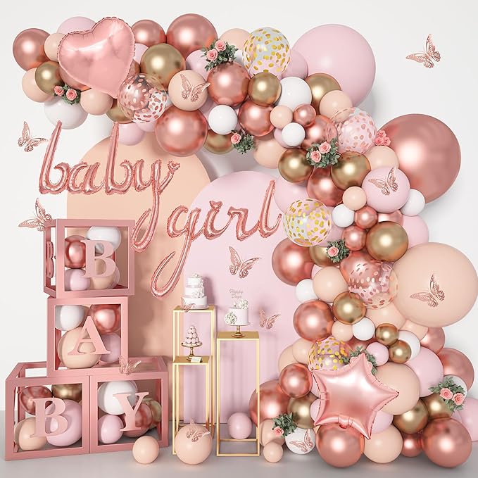 Amandir 135pcs Rose Gold Balloons Pink Girl Baby Shower Decorations | Butterfly by Amandir