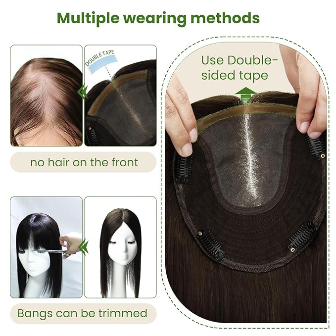 HAIR Toppers for Women Real Human Hair 6x7 inch 150 Density Base 16 inch 75 grams darkest brown Human Hair Topper for Women with Thinning Hair(#2 16inch)