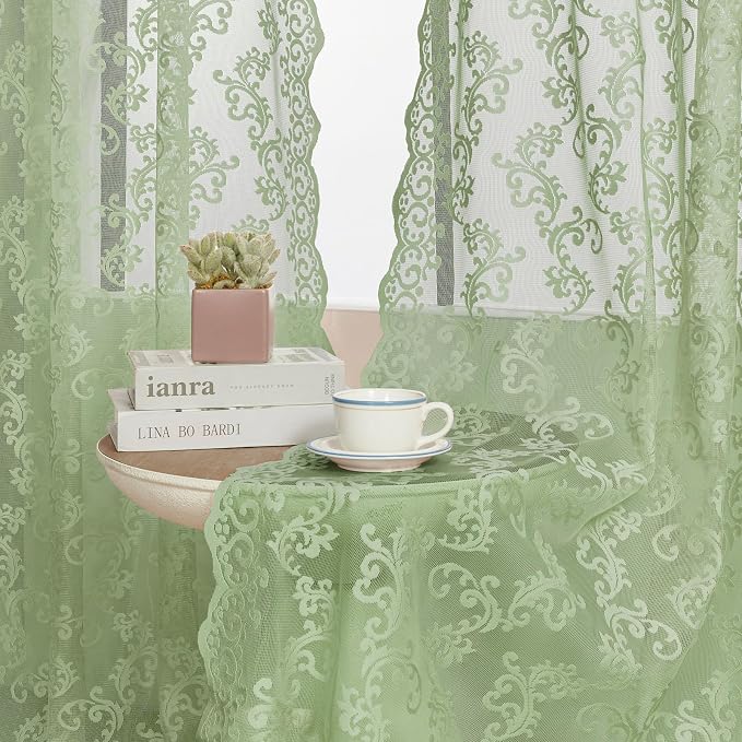 Sage Green Lace Curtains 84 Inches Long 2 Panels Country Vintage Sheer Lace - Image 6