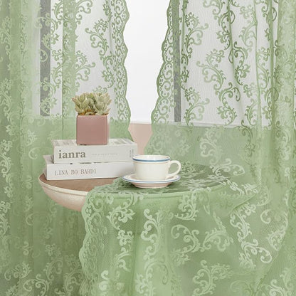 FOLKSIDE Sage Green Lace Curtains 96 Inches Long 2 Panels Country Vintage Sheer - Image 4