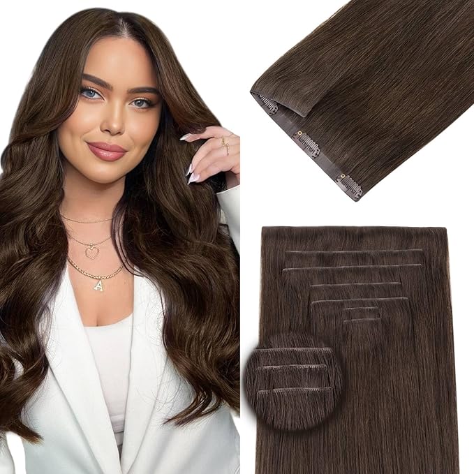 DOORES Clip in Hair Extensions Real Human Hair 20 inch 140g 7pcs Invisible Human Hair Extensions Clip ins, Injected Seamless PU Clipins Virgin Invisi Edge Natural Straight, 4A Chocolate Brown