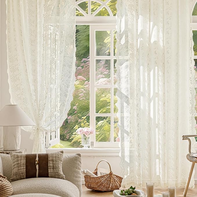 Anmao Vintage Lace Curtains 84 Inches Long 2 Panels Set, Romantic Elegant Light - Image 5