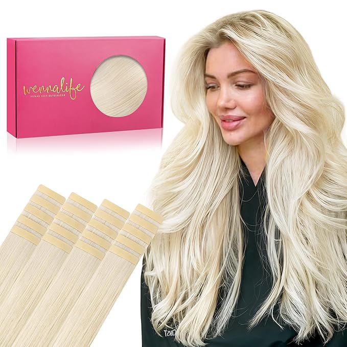 WENNALIFE Tape in Hair Extensions Human Hair, 20pcs 50g 18 inch Platinum Blonde Remy Hair Extensions Straight Human Hair Tape in Extensions Skin Weft Tape Extensions Human Hair