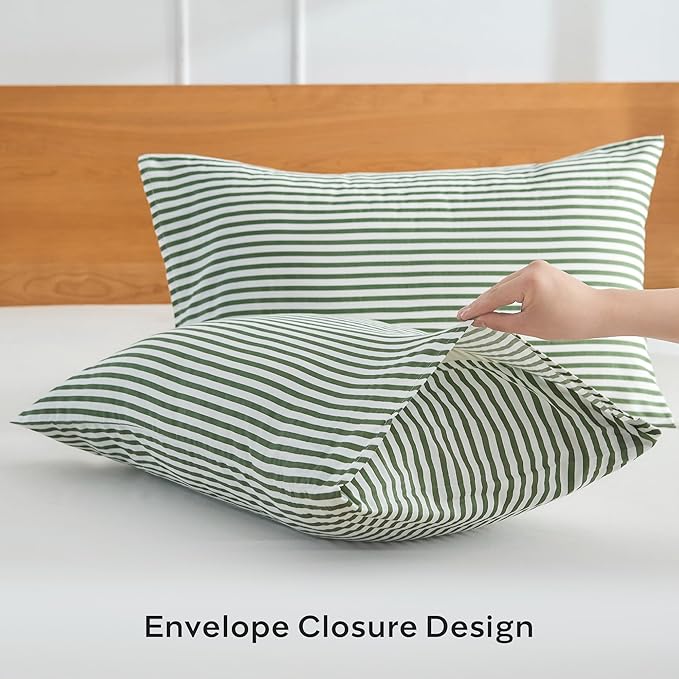 JELLYMONI 100% Natural Cotton Striped Standard Pillowcases Set, 2 Pack White and Green Stripes Pattern Printed Pillow Covers with Envelope Closure(Pillows are not Included)