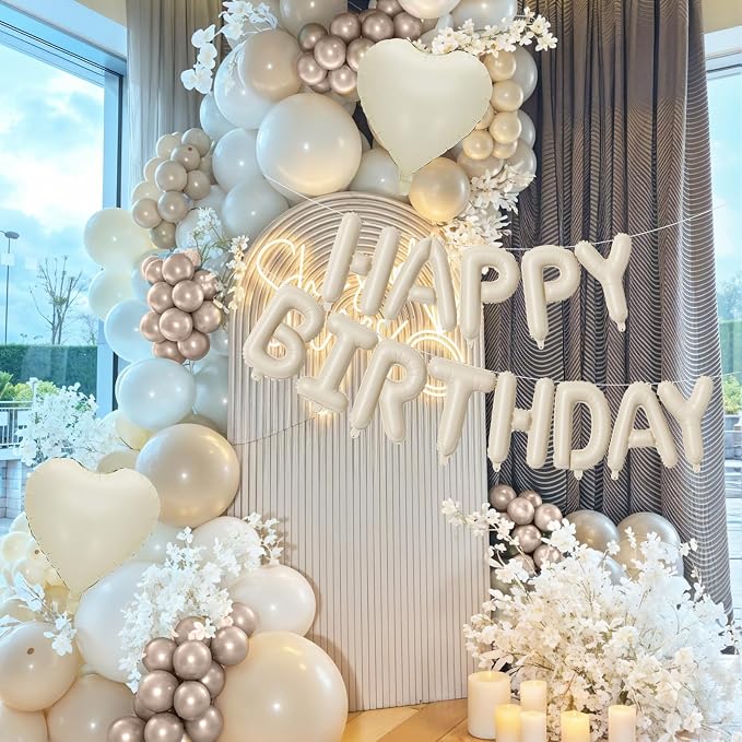 Happy Birthday Balloon Banner Cream, 16 Inch Beige Mylar Letters Heart Foil - Image 2