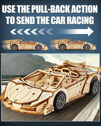 3D Wooden Puzzles for Adults Roadster, Mechanical Wood Sport Car Model Kits for - Image 4